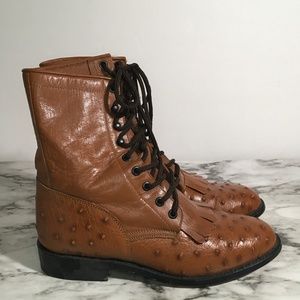 Ben Miller Ostrich Leather Lace-Up Roper Boots - Vintage - US 7 1/2